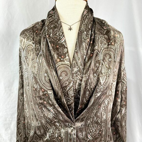 VTG 80s CASUAL CORNER Brown Pink‎ Satin Paisley Blouse Shawl Collar Womens 12 - Picture 2 of 5